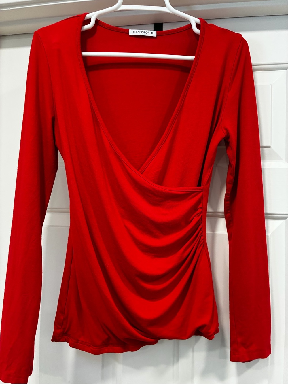 Mango Bright Red Long-Sleeve Draped Wrap Top